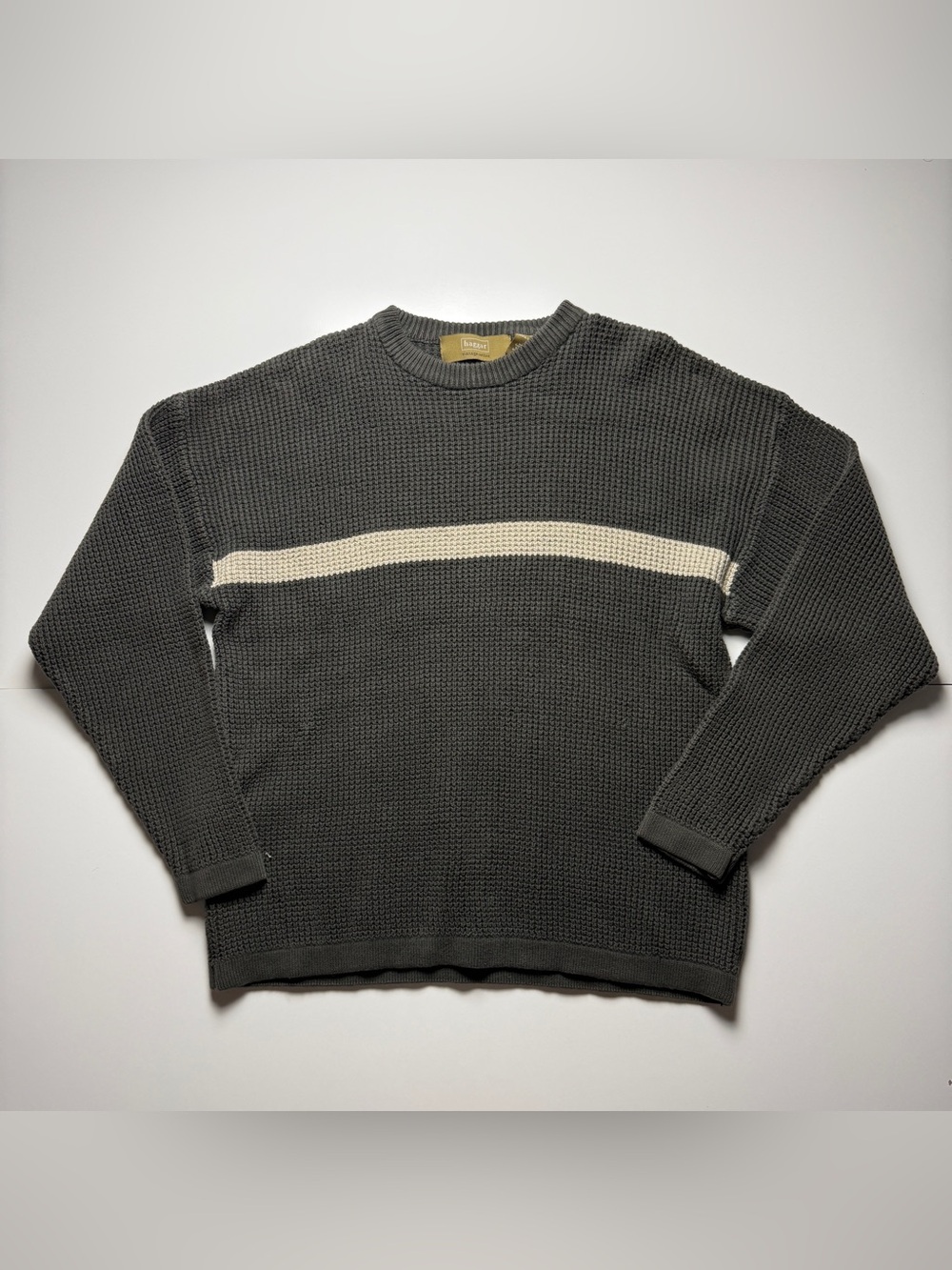 Haggar Waffle Knit Sweater Mens Medium Gray Stripe Cotton Vintage Crewneck